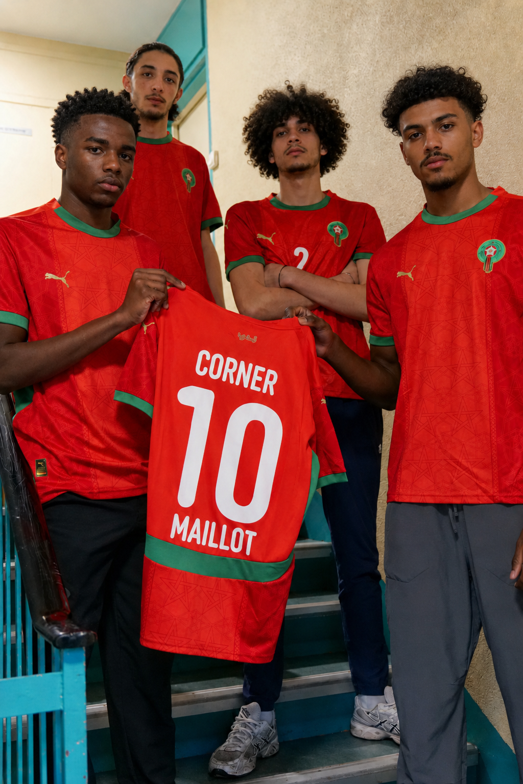L'équipe Corner Maillot tenant un maillot floqué Corner 10